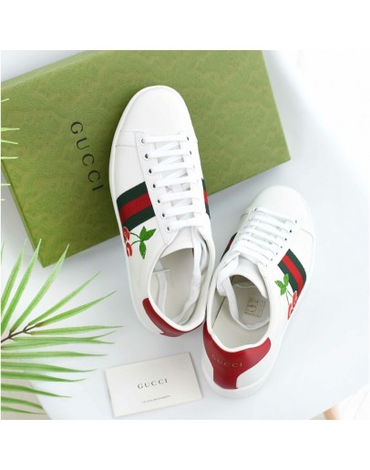 GUCCI 紅綠織帶櫻桃小白鞋