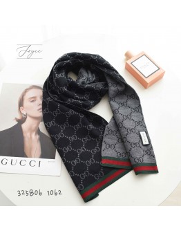 GUCCI 325806 長條型雙色羊毛圍巾 黑色