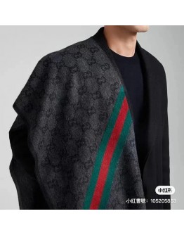 GUCCI 570603 1466 GG LOGO深灰紅綠條紋流蘇圍巾 