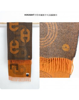 HERMÈS H392684T  字符串圖案羊毛流蘇圍巾 碳黑/橘