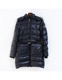 Moncler Sagnes 小童款毛毛連帽拉鍊外套 深藍