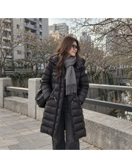 Moncler Hermine 長版釦子/拉鍊連帽外套 黑