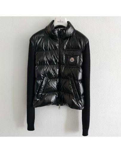 Moncler CARDIGAN TRICOT亮面針織袖胸前口袋外套 黑